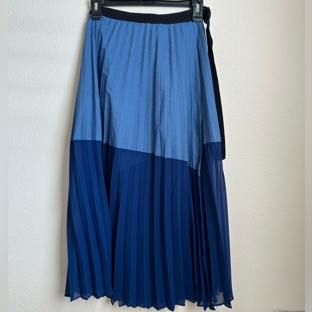 Sandro Women's Striped/Solid Blue Pleated Wrap Skirt with D-Ring Belt Size 1